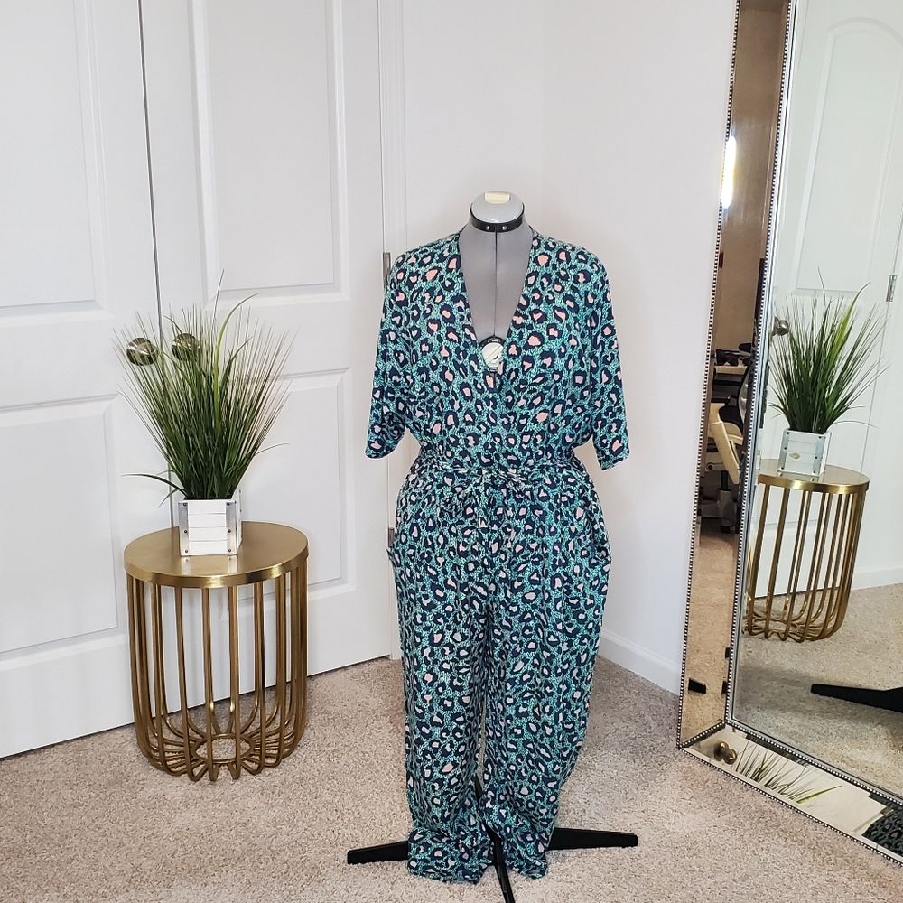 H&M Teal and Black Leopard Print Jumpsuit